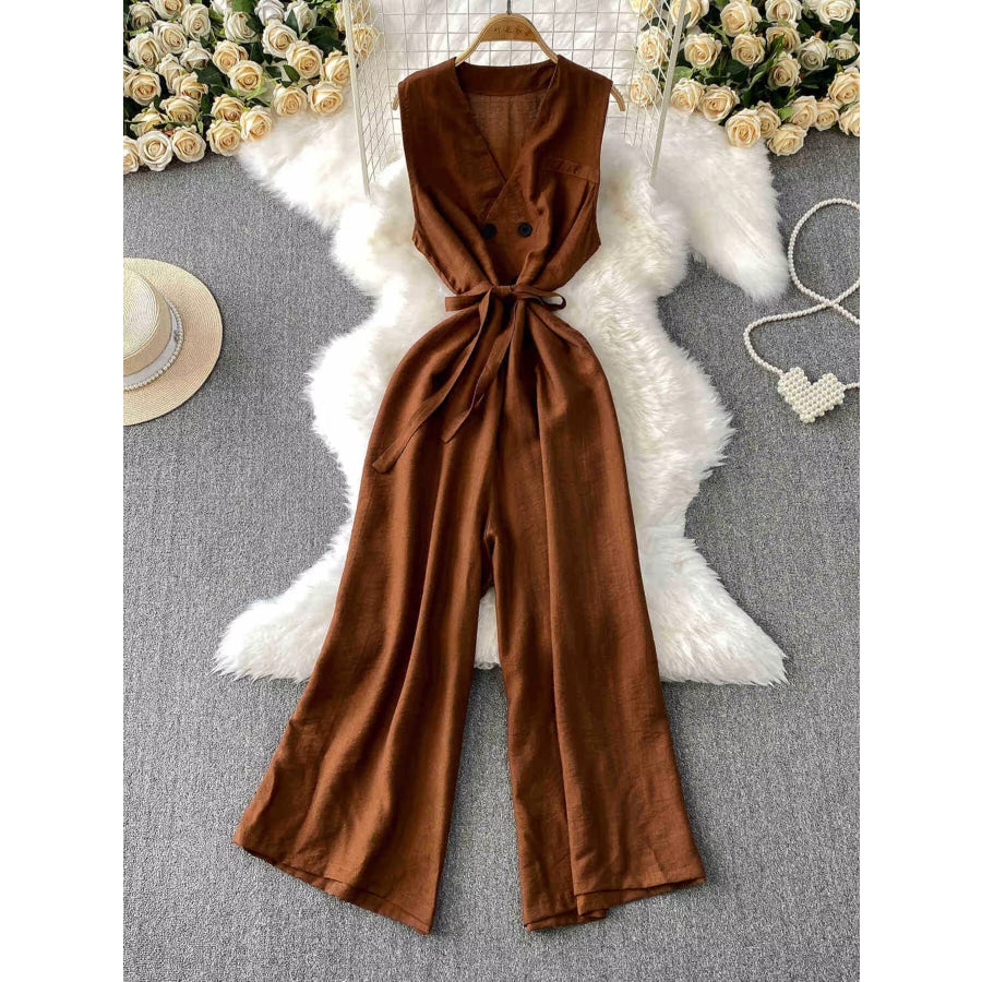 Sleeveless Wide Leg Jumpsuit Brown / One Size Apparel and Accessories