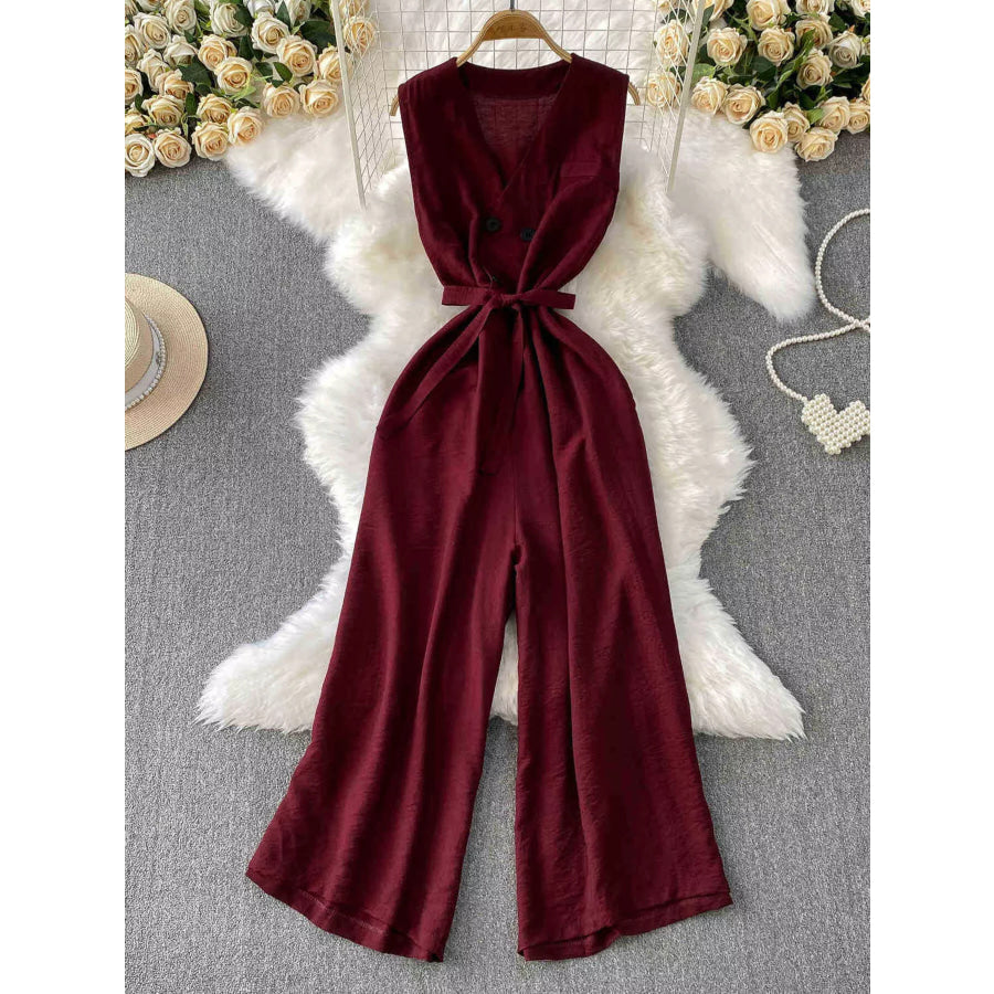Sleeveless Wide Leg Jumpsuit Burgundy / One Size Apparel and Accessories