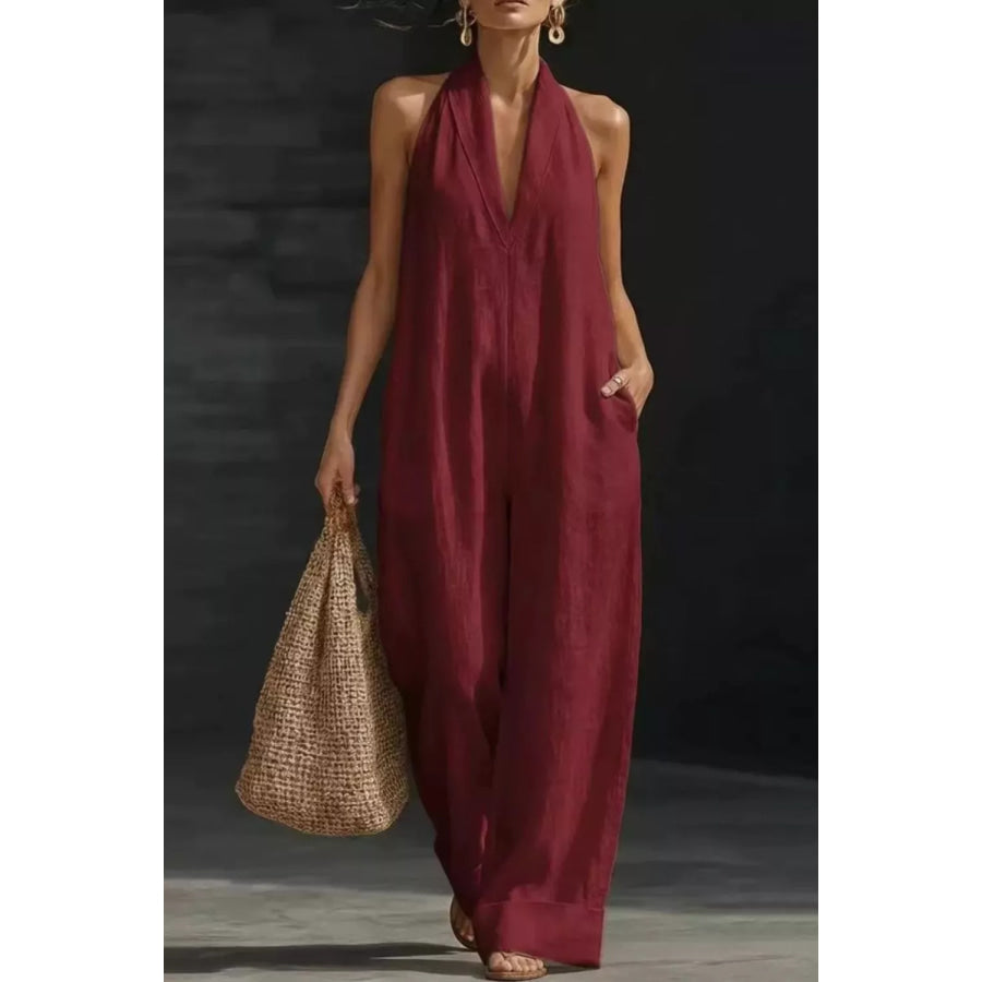 Sleeveless Wide Leg Jumpsuit Burgundy / S Apparel and Accessories