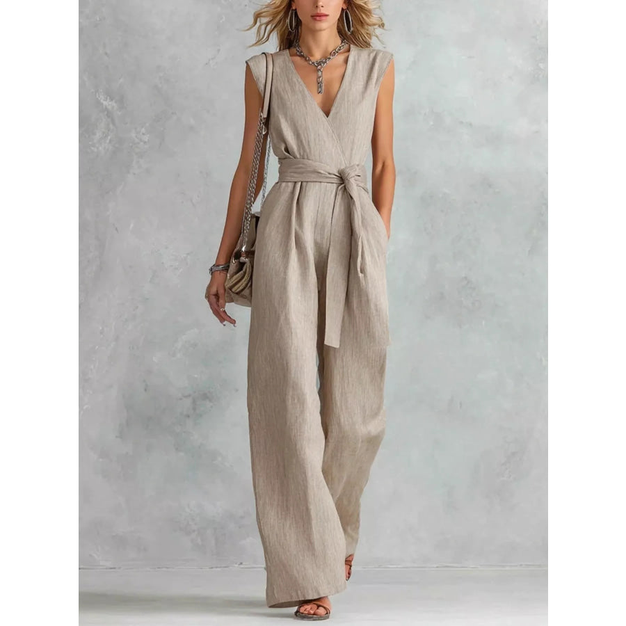 Sleeveless Wide Leg Jumpsuit Khaki / S Apparel and Accessories