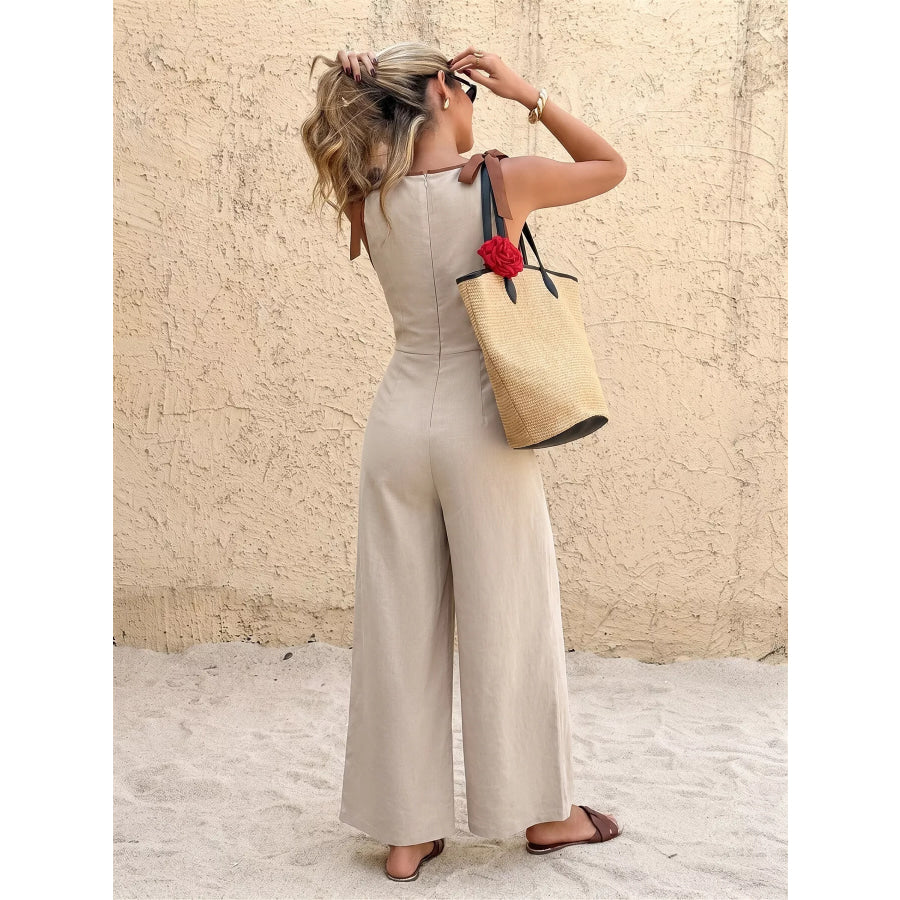 Sleeveless Wide Leg Jumpsuit with Bow Detail Apparel and Accessories
