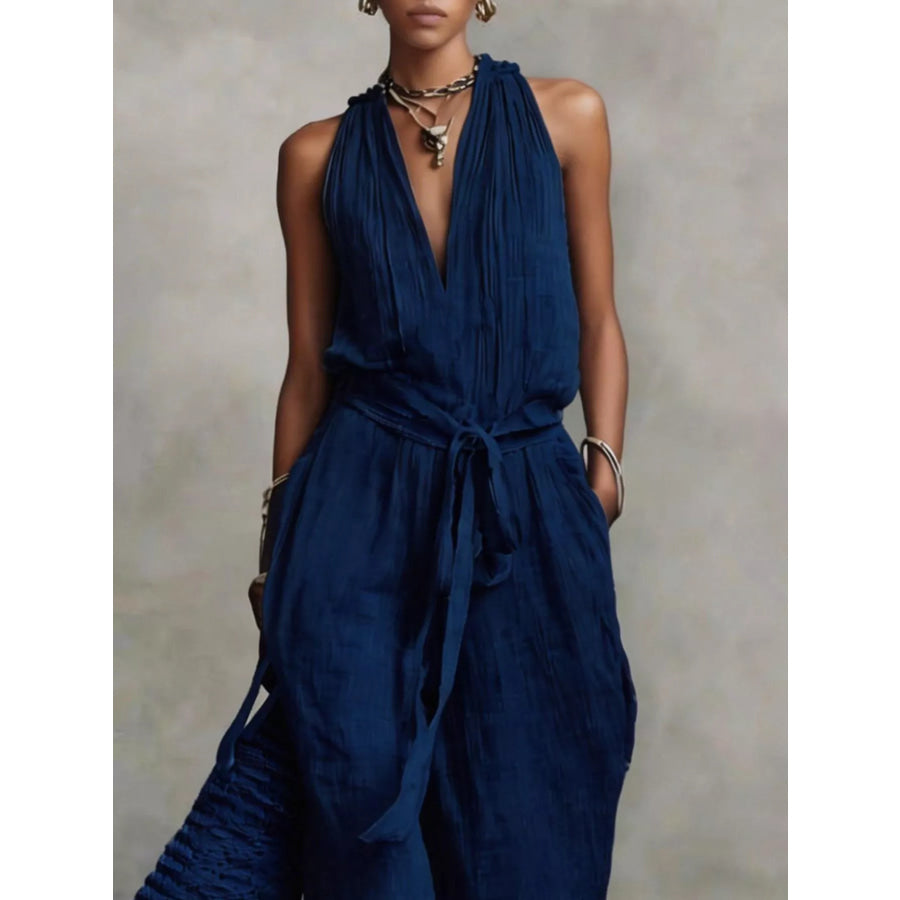 Sleeveless Wide-Leg Jumpsuit with Tie-Waist Apparel and Accessories