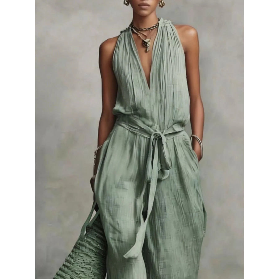 Sleeveless Wide-Leg Jumpsuit with Tie-Waist Apparel and Accessories