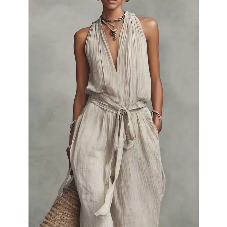 Sleeveless Wide-Leg Jumpsuit with Tie-Waist Apparel and Accessories