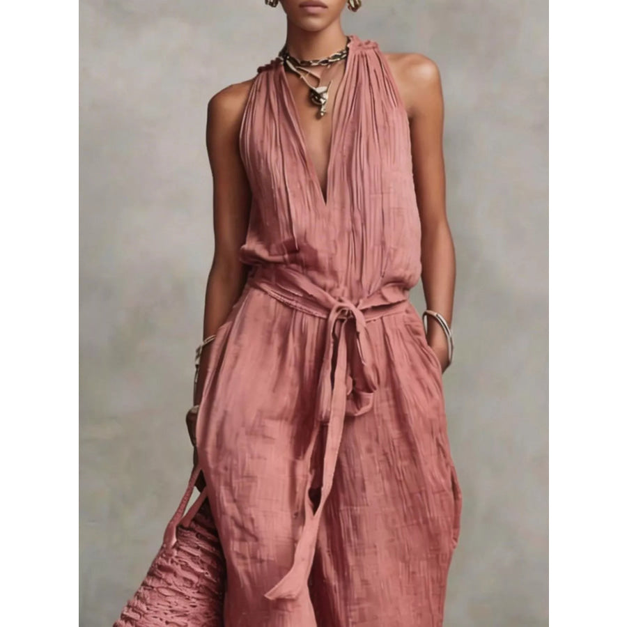 Sleeveless Wide-Leg Jumpsuit with Tie-Waist Apparel and Accessories