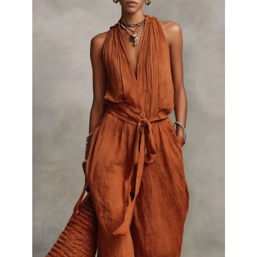 Sleeveless Wide-Leg Jumpsuit with Tie-Waist Apparel and Accessories