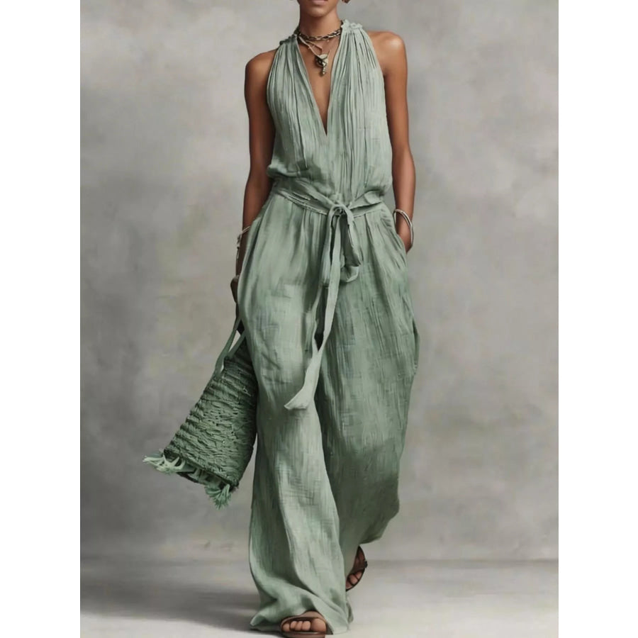 Sleeveless Wide-Leg Jumpsuit with Tie-Waist Green / S Apparel and Accessories