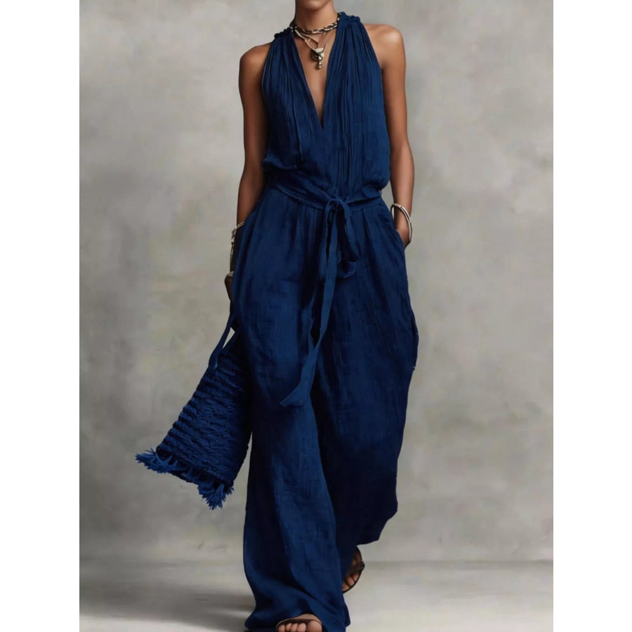Sleeveless Wide-Leg Jumpsuit with Tie-Waist Navy / S Apparel and Accessories