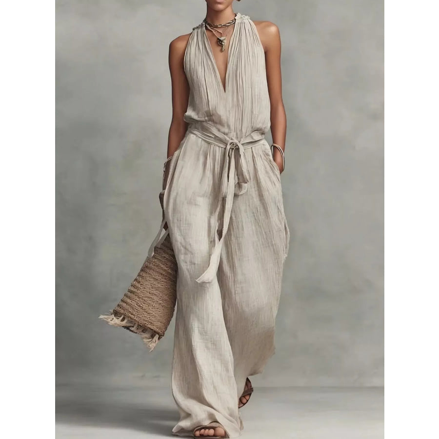 Sleeveless Wide-Leg Jumpsuit with Tie-Waist Orange-red / S Apparel and Accessories