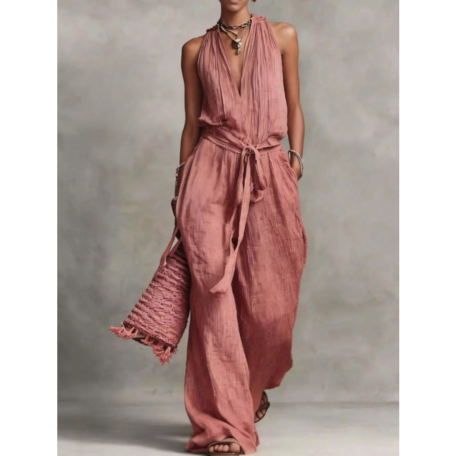 Sleeveless Wide-Leg Jumpsuit with Tie-Waist Pink / S Apparel and Accessories