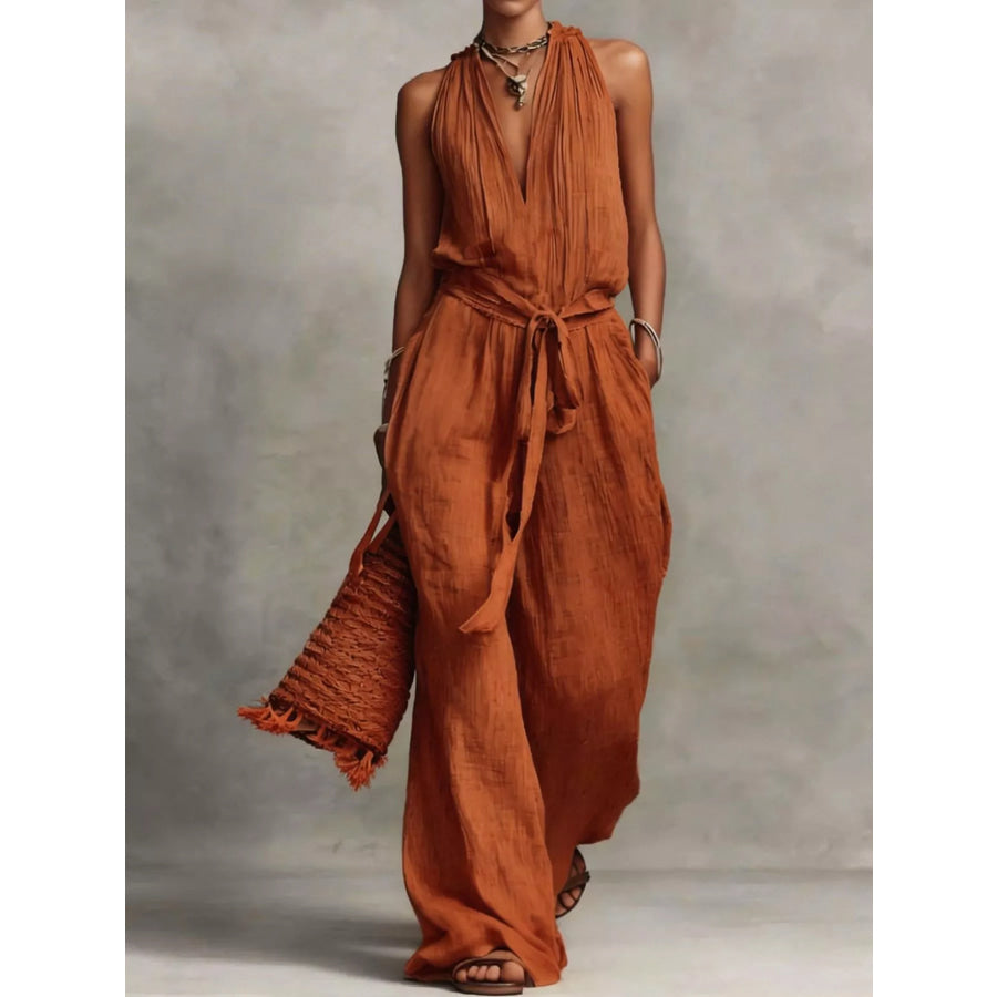 Sleeveless Wide-Leg Jumpsuit with Tie-Waist Terracotta / S Apparel and Accessories