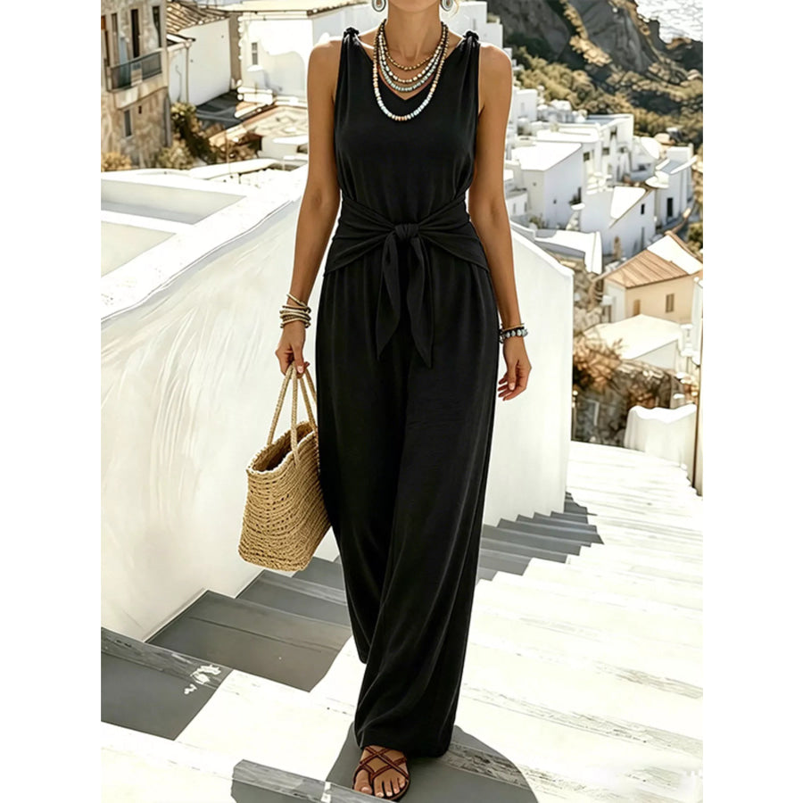 Sleeveless Wide-Leg Tie-Waist Jumpsuit Apparel and Accessories
