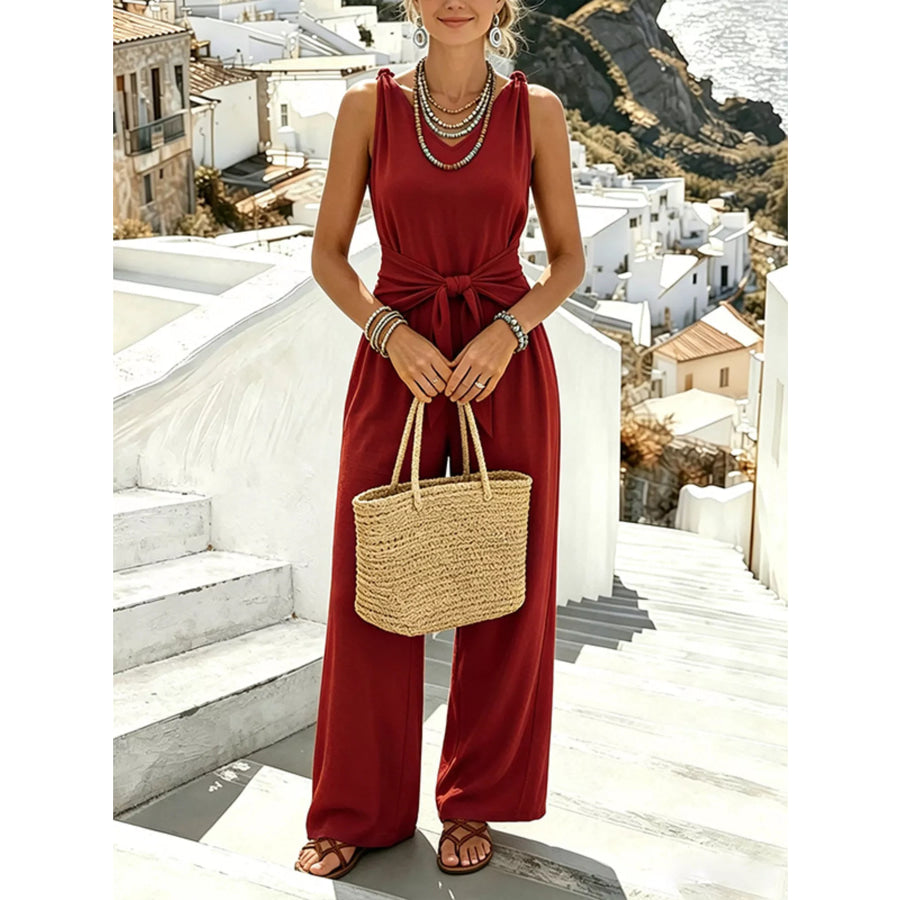 Sleeveless Wide-Leg Tie-Waist Jumpsuit Apparel and Accessories