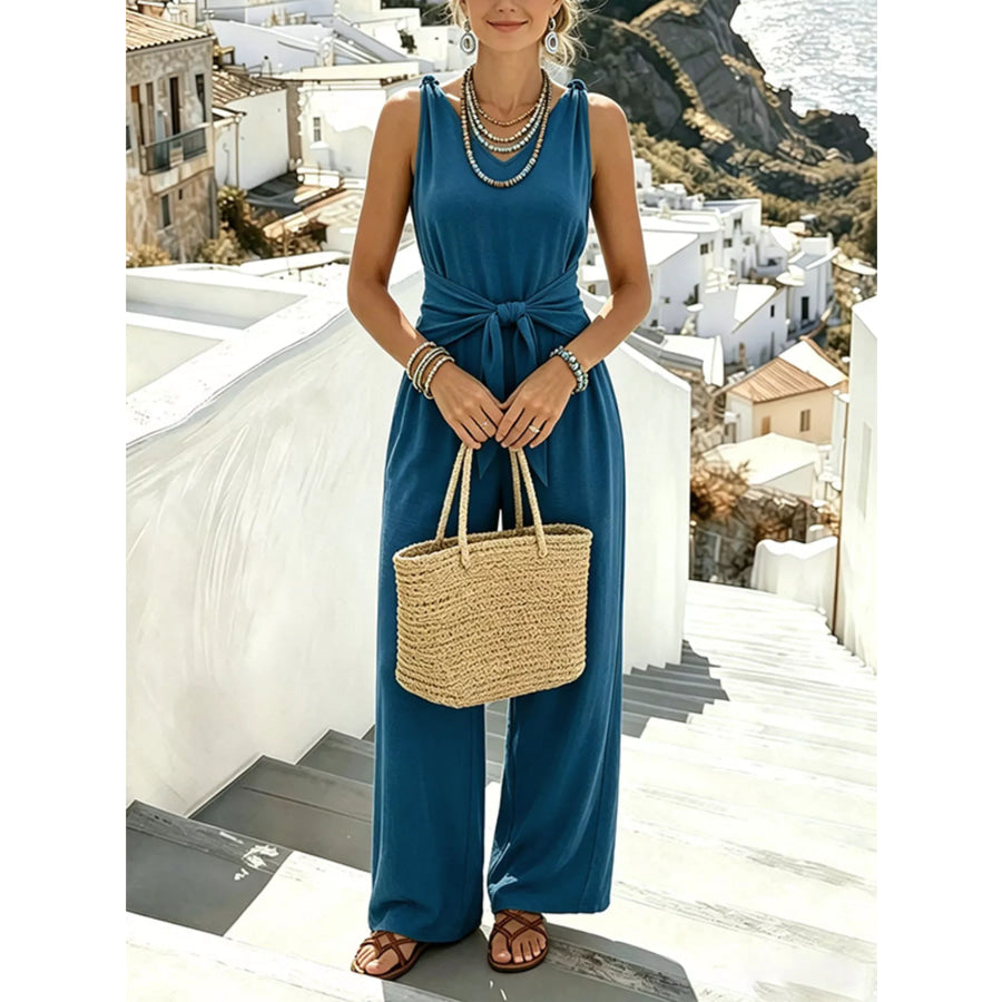 Sleeveless Wide-Leg Tie-Waist Jumpsuit Apparel and Accessories