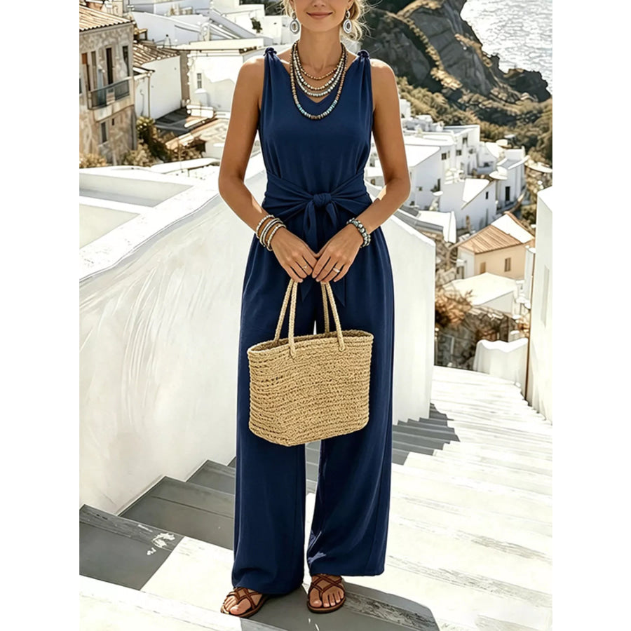 Sleeveless Wide-Leg Tie-Waist Jumpsuit Apparel and Accessories