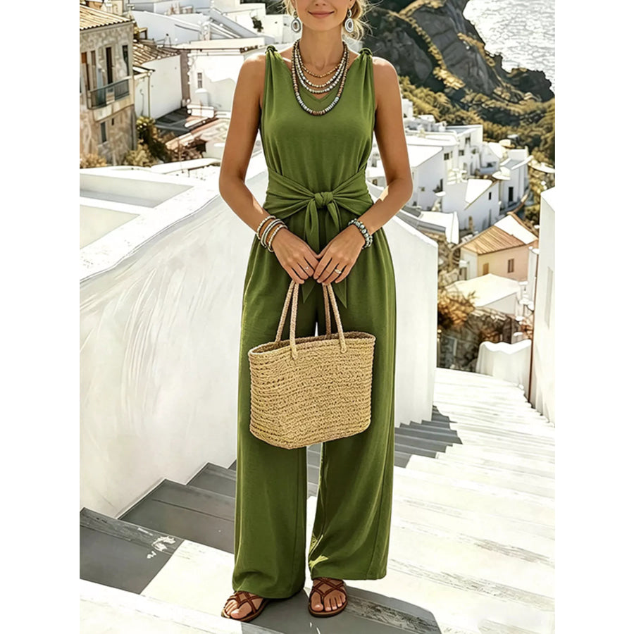 Sleeveless Wide-Leg Tie-Waist Jumpsuit Apparel and Accessories