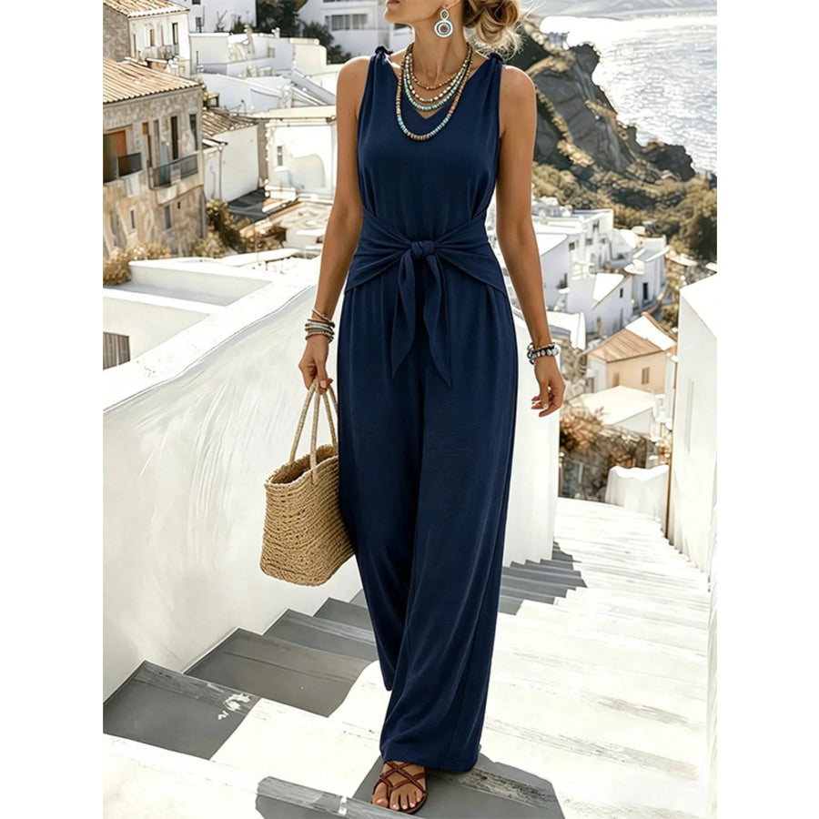 Sleeveless Wide-Leg Tie-Waist Jumpsuit Apparel and Accessories