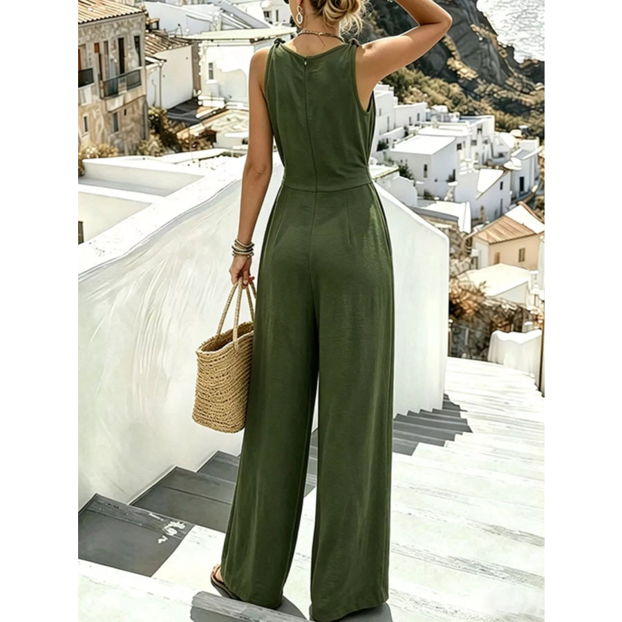Sleeveless Wide-Leg Tie-Waist Jumpsuit Apparel and Accessories