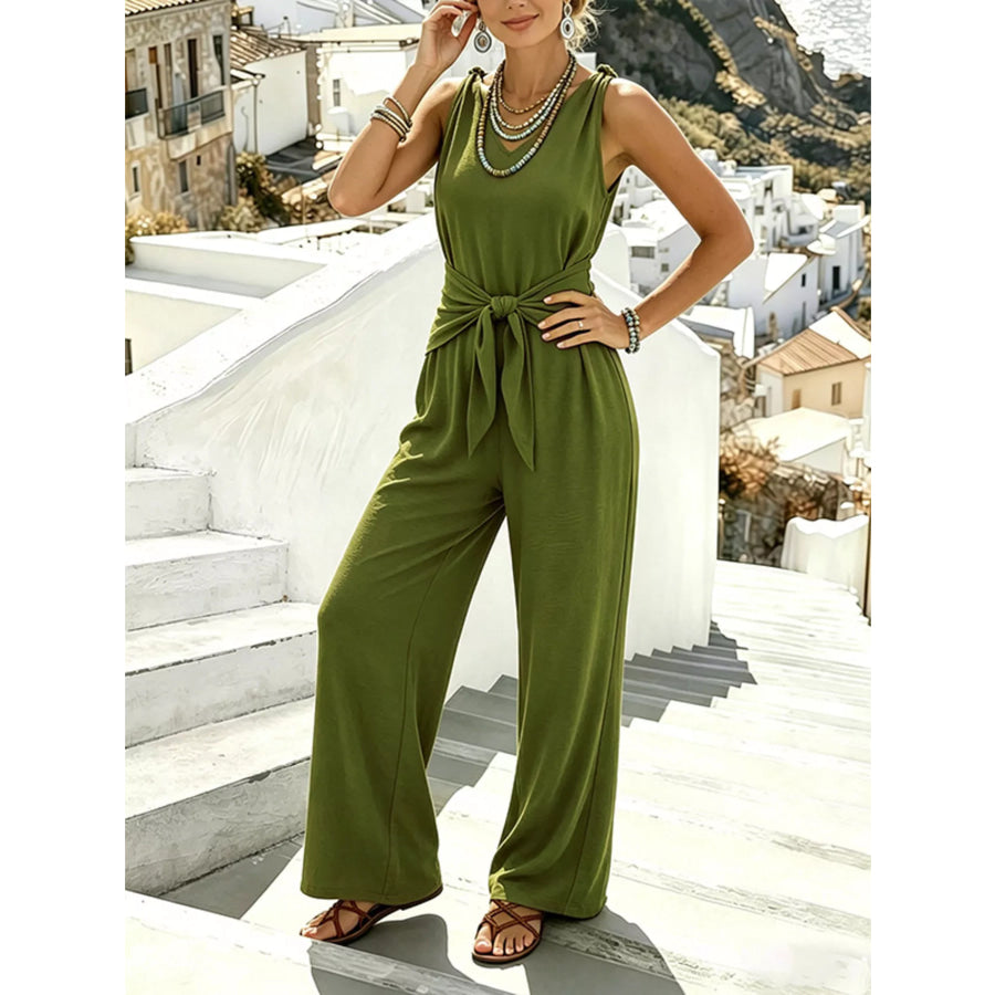 Sleeveless Wide-Leg Tie-Waist Jumpsuit Army Green / S Apparel and Accessories
