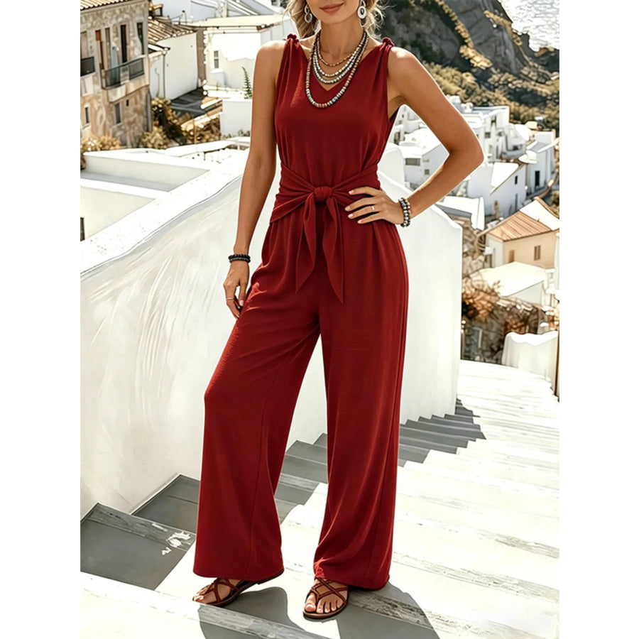 Sleeveless Wide-Leg Tie-Waist Jumpsuit Burgundy / S Apparel and Accessories
