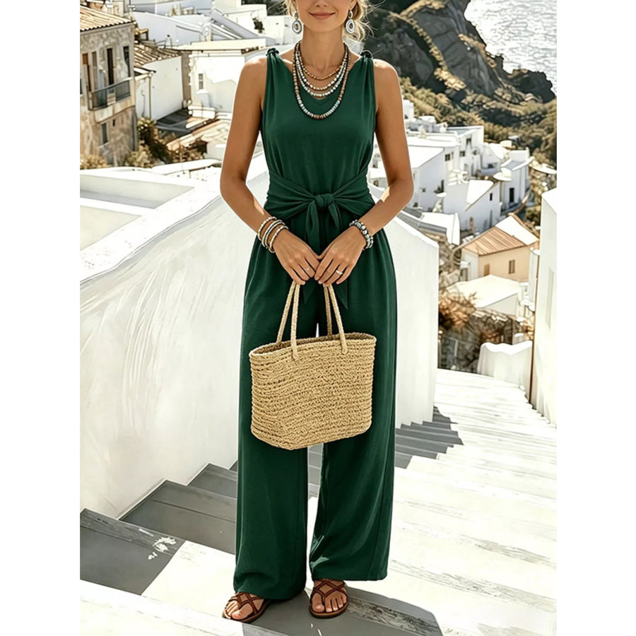 Sleeveless Wide-Leg Tie-Waist Jumpsuit Dark Green / S Apparel and Accessories