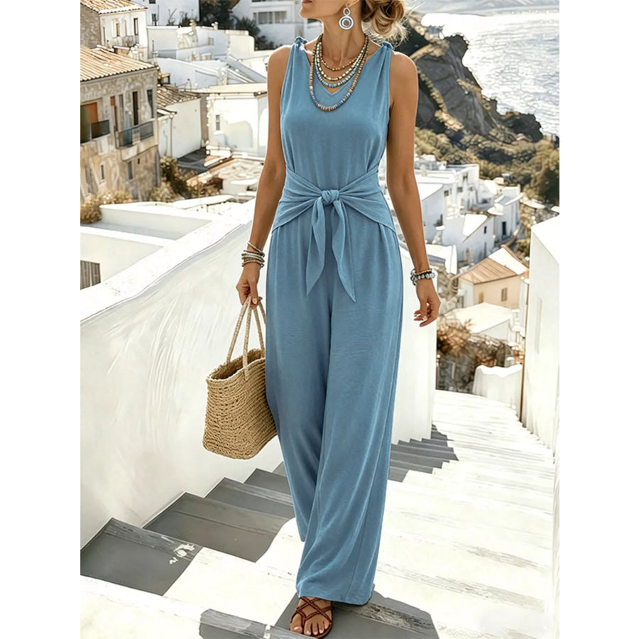 Sleeveless Wide-Leg Tie-Waist Jumpsuit Light Blue / S Apparel and Accessories