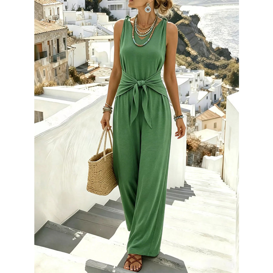 Sleeveless Wide-Leg Tie-Waist Jumpsuit Mint Blue / S Apparel and Accessories