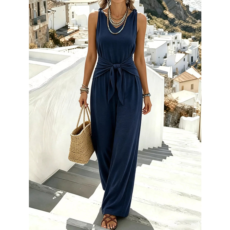 Sleeveless Wide-Leg Tie-Waist Jumpsuit Navy / S Apparel and Accessories