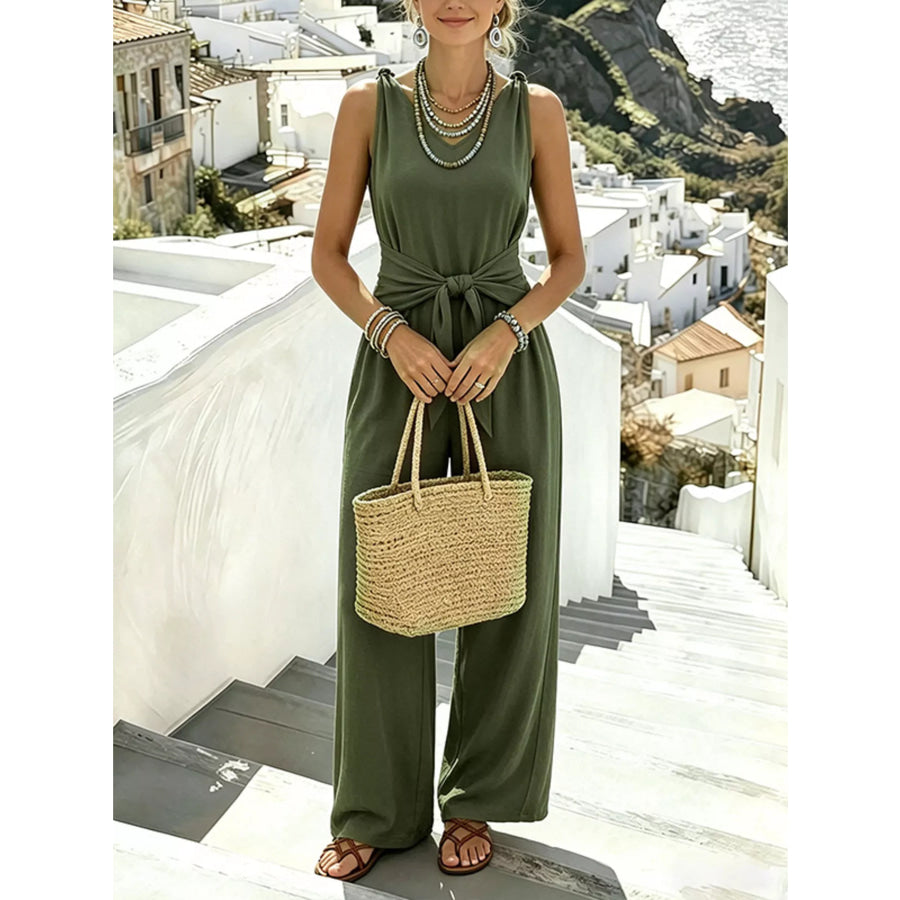Sleeveless Wide-Leg Tie-Waist Jumpsuit Olive / S Apparel and Accessories