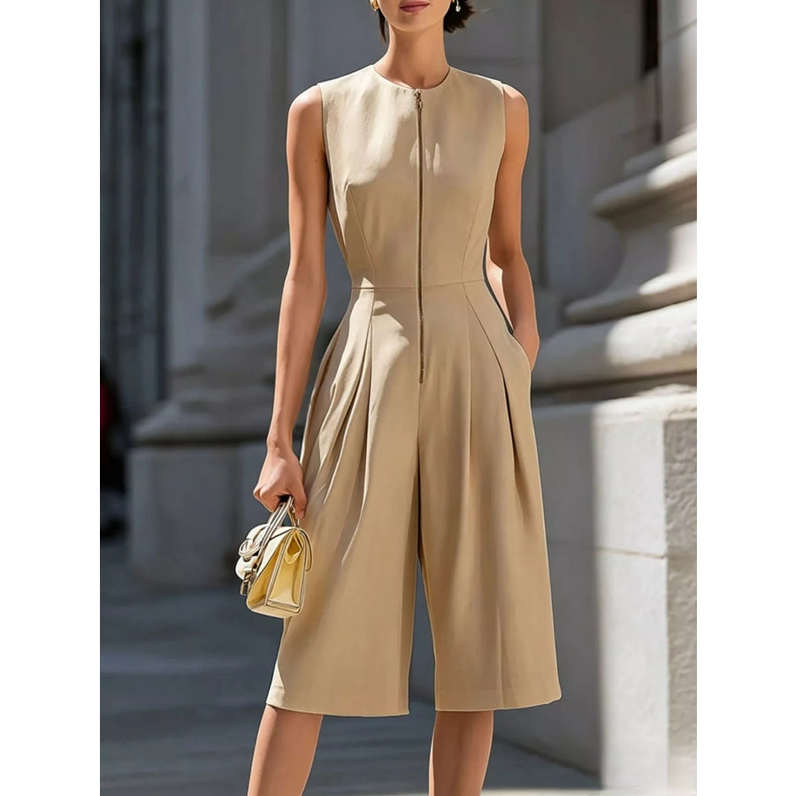 Sleeveless Wide-Leg Zipper Front Jumpsuit Khaki / S Apparel and Accessories