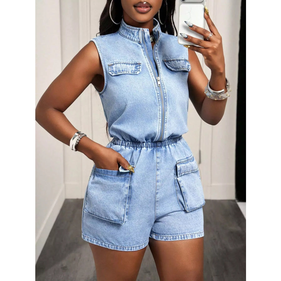 Sleeveless Zip-Front Denim Romper Apparel and Accessories