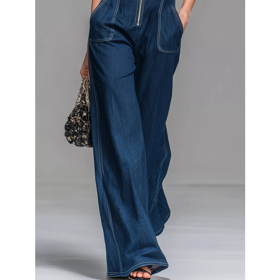 Sleeveless Zip-Front Wide-Leg Denim Jumpsuit Apparel and Accessories