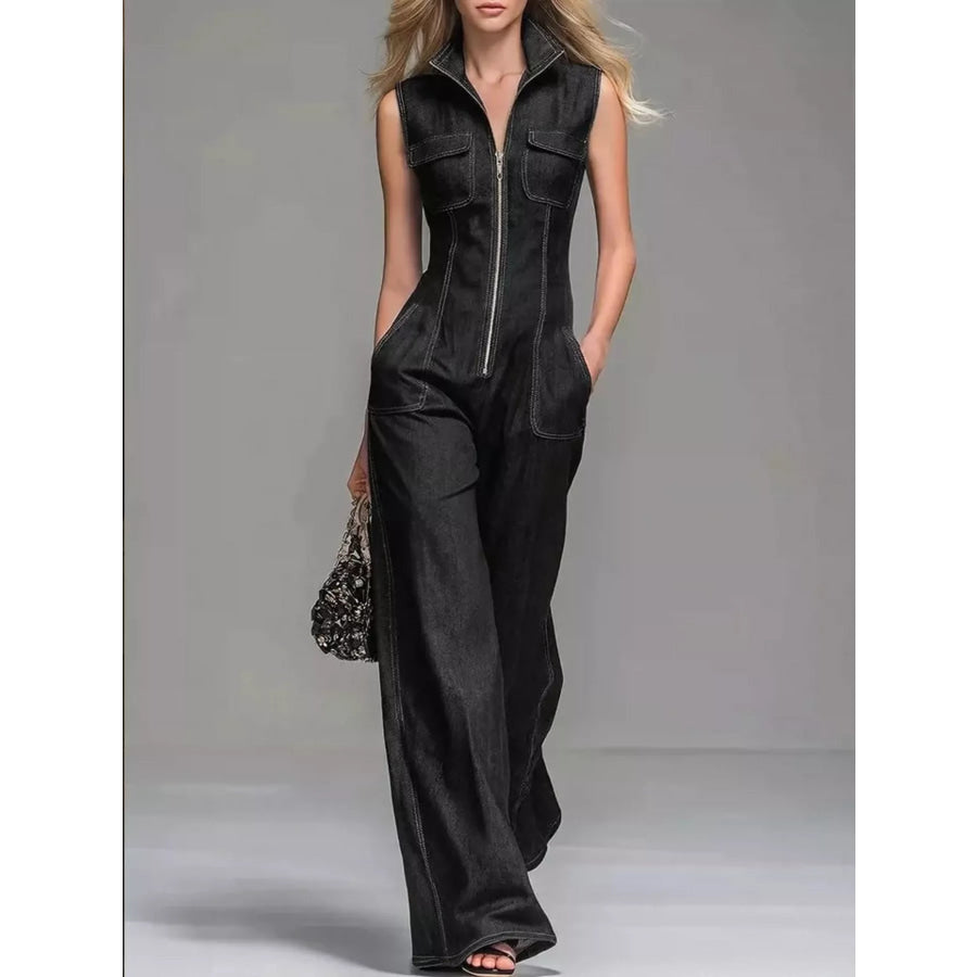 Sleeveless Zip-Front Wide-Leg Denim Jumpsuit Black / S Apparel and Accessories