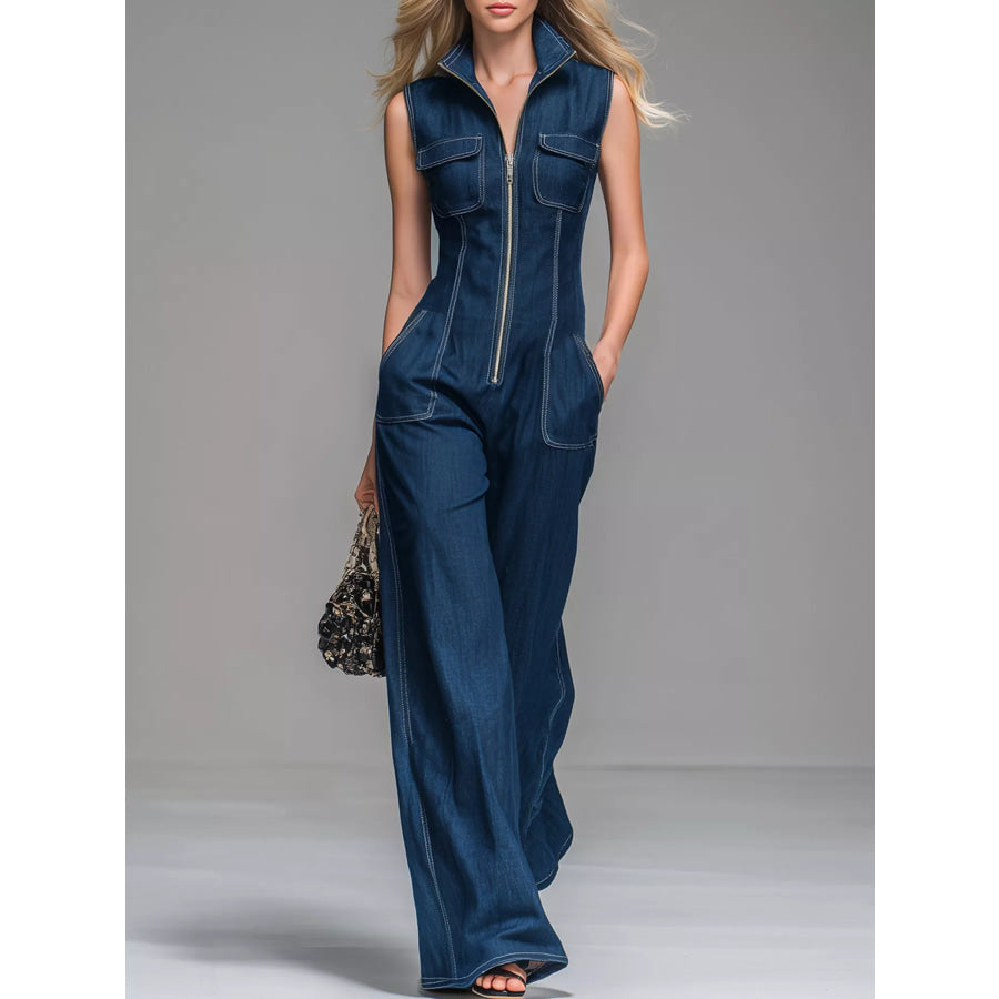 Sleeveless Zip-Front Wide-Leg Denim Jumpsuit Blue / S Apparel and Accessories