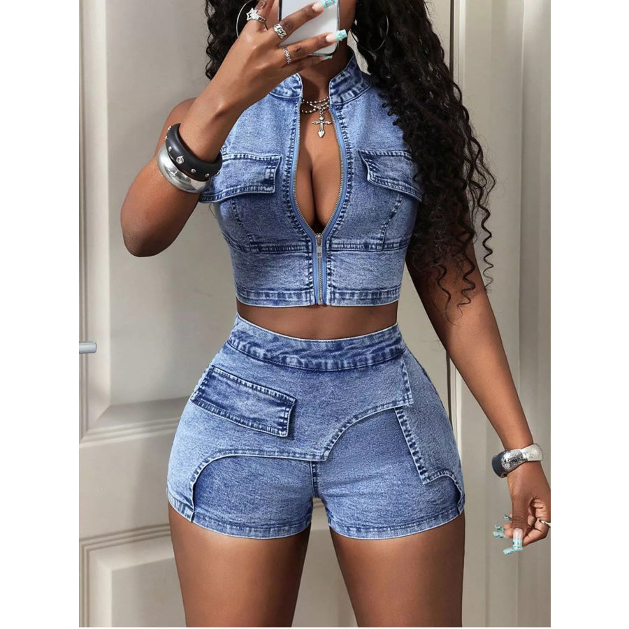 Sleeveless Zip-Up Denim Crop Top and Asymmetric Pocket Shorts Set Apparel Accessories