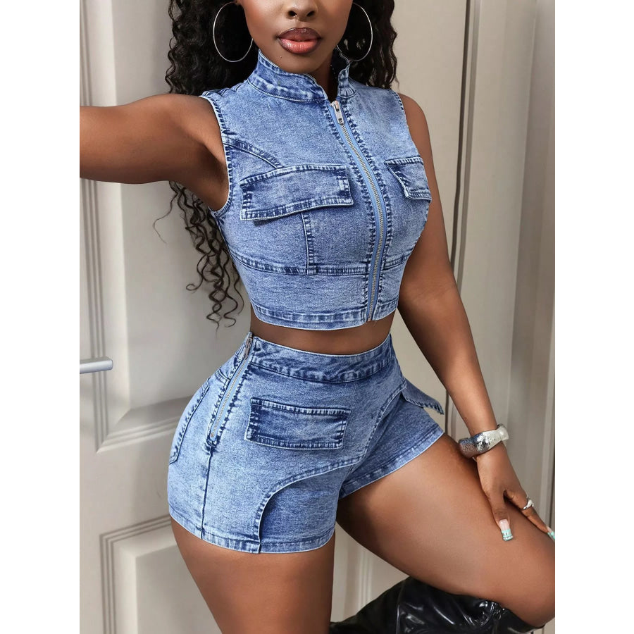 Sleeveless Zip-Up Denim Crop Top and Asymmetric Pocket Shorts Set Apparel Accessories
