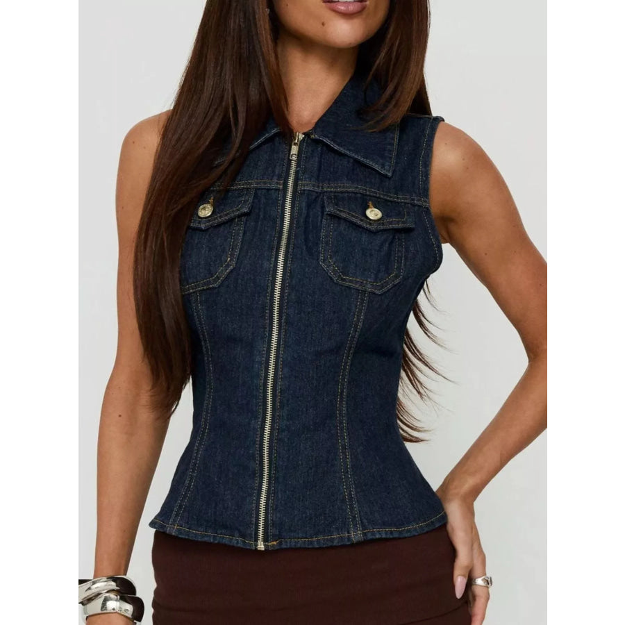 Sleeveless Zip-Up Denim Vest Apparel and Accessories