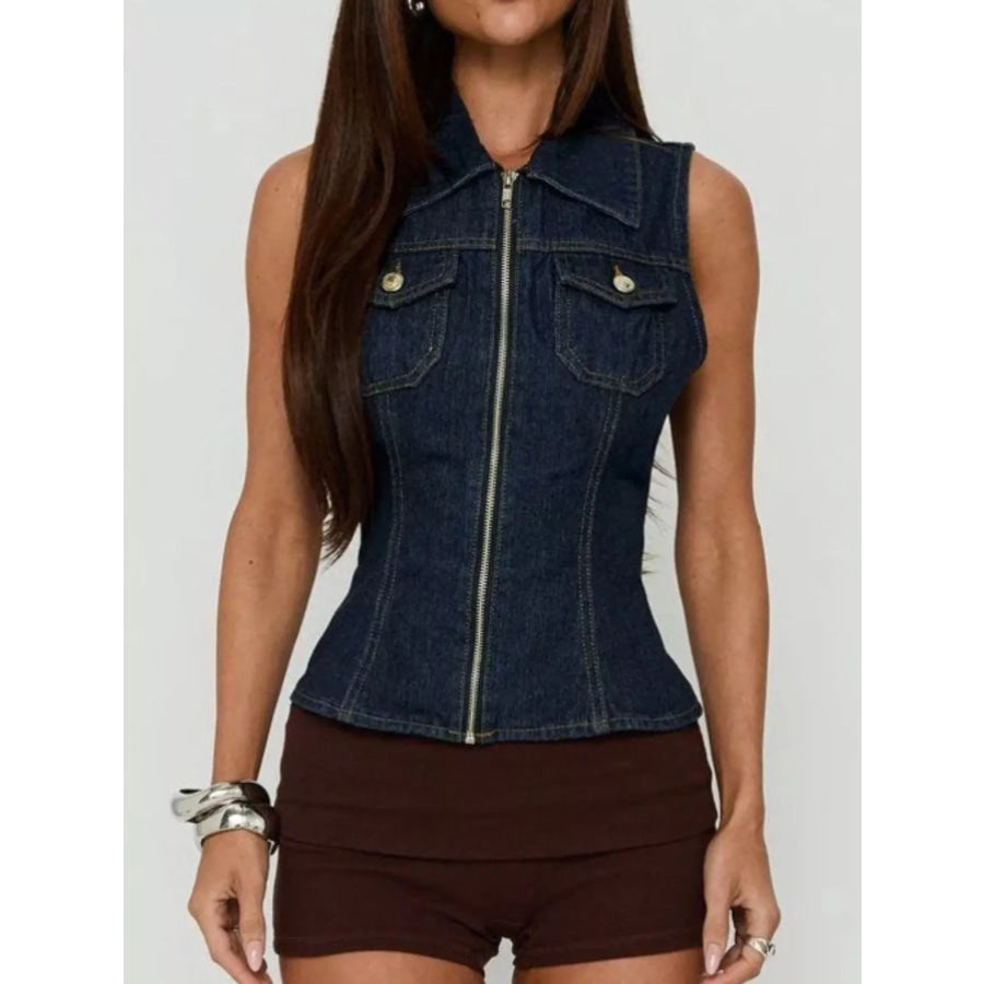 Sleeveless Zip-Up Denim Vest Dark Blue / S Apparel and Accessories