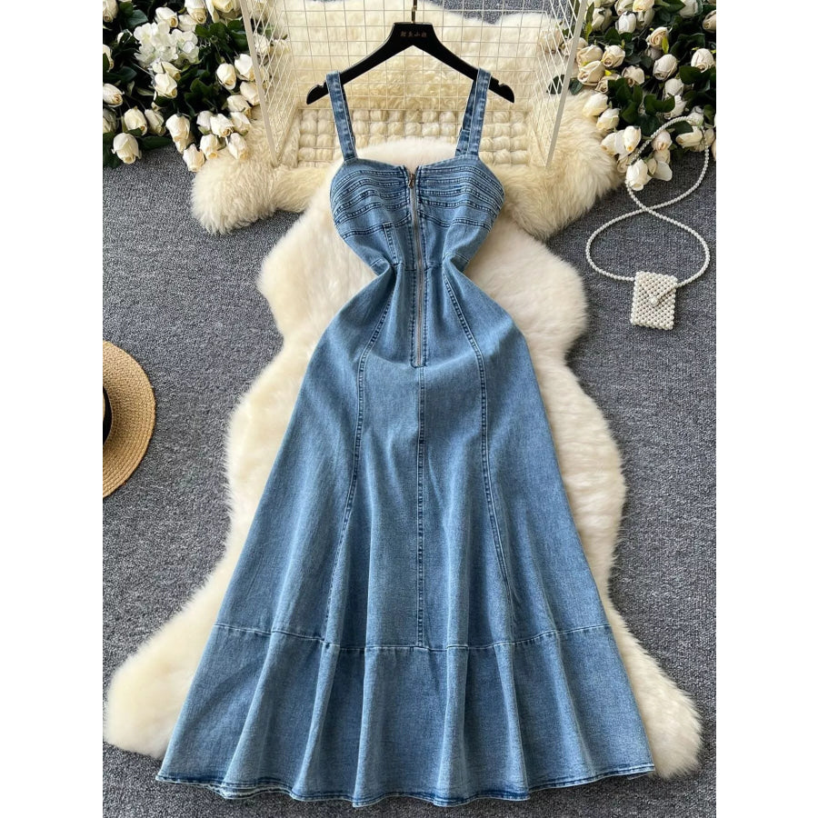 Sleeveless Zipper Front A-Line Denim Dress Apparel and Accessories