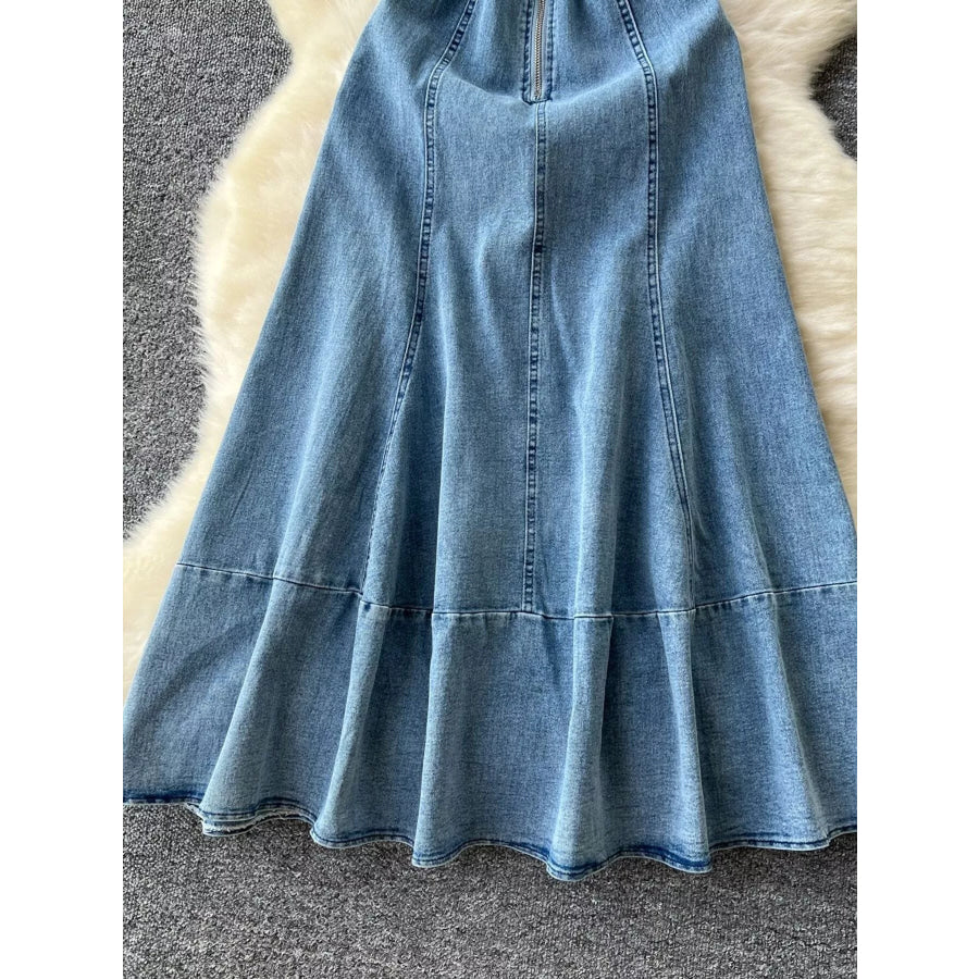 Sleeveless Zipper Front A-Line Denim Dress Apparel and Accessories