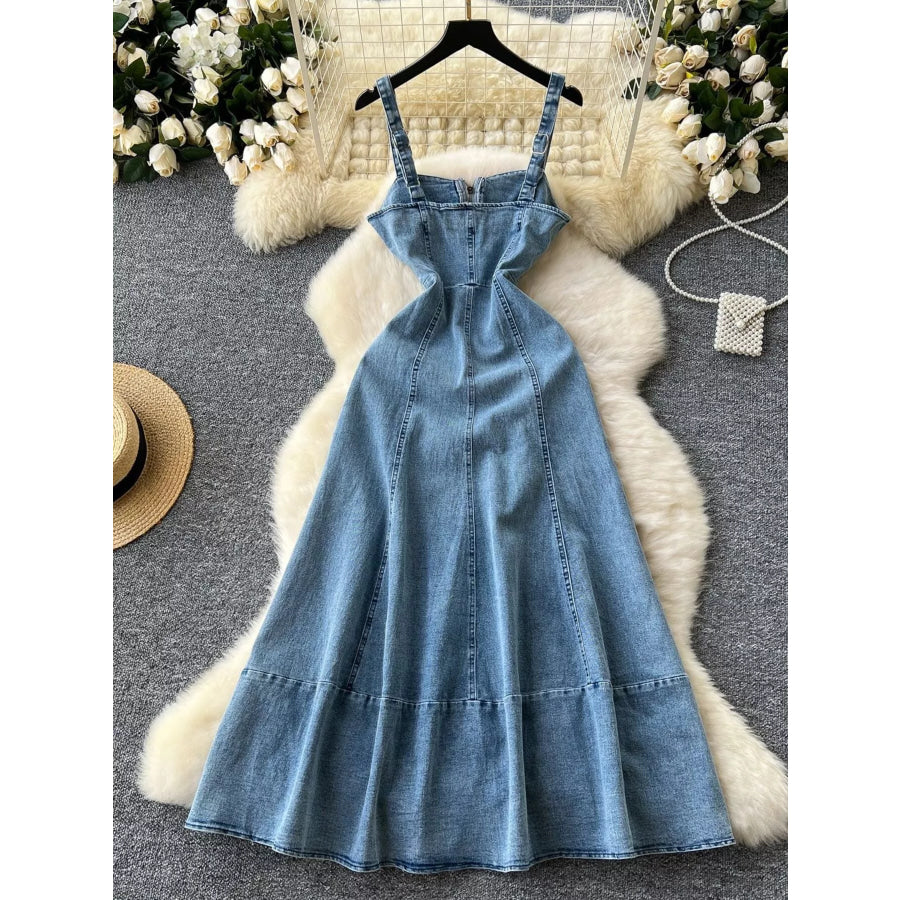 Sleeveless Zipper Front A-Line Denim Dress Blue / S Apparel and Accessories