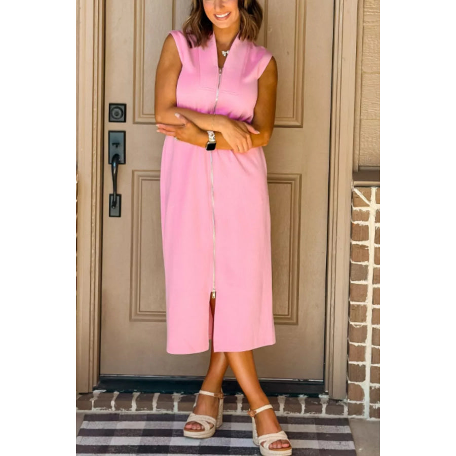 Sleeveless Zipper Front Midi Dress Apparel and Accessories