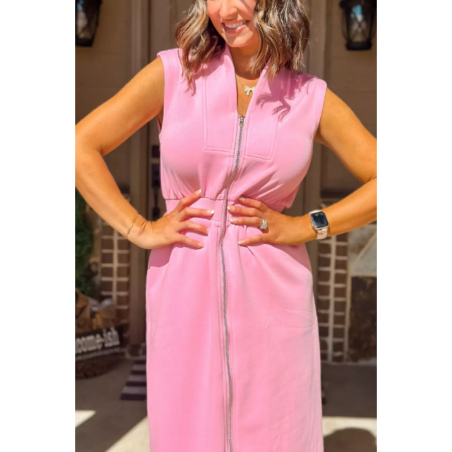 Sleeveless Zipper Front Midi Dress Apparel and Accessories