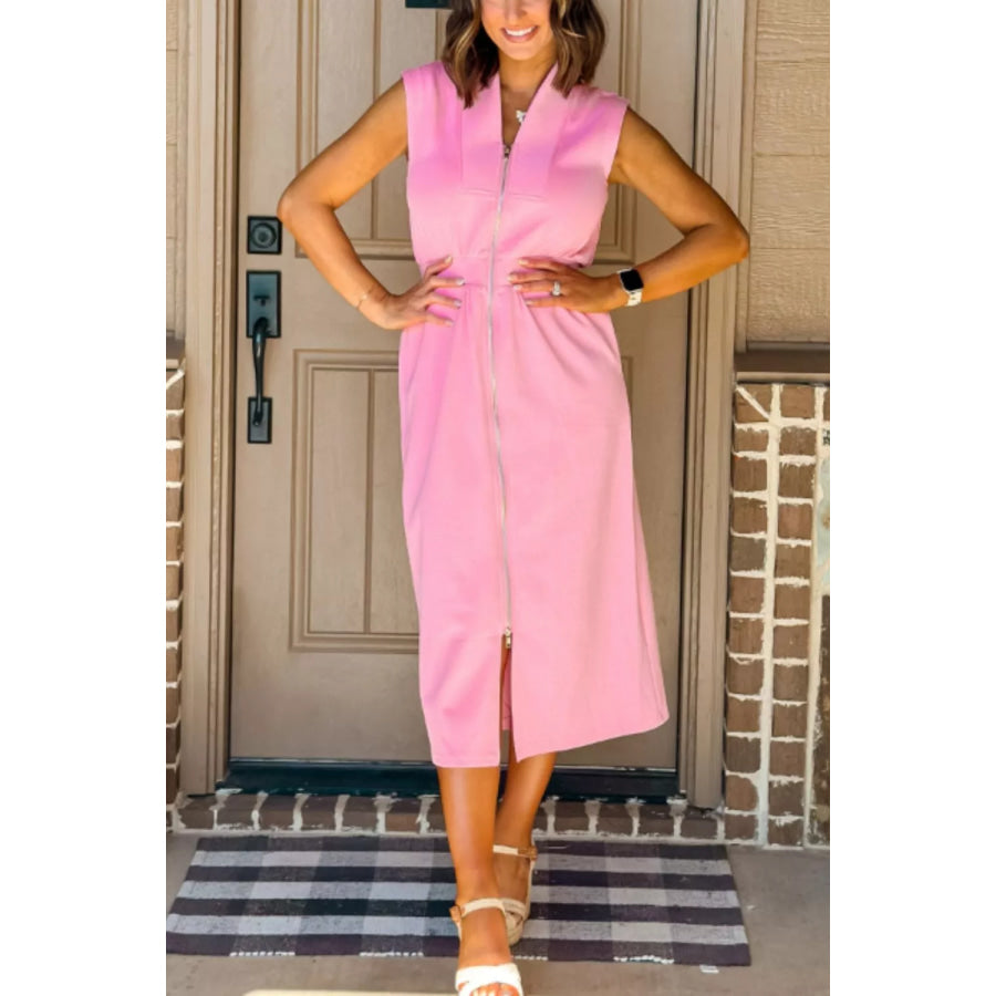 Sleeveless Zipper Front Midi Dress Pink / S Apparel and Accessories