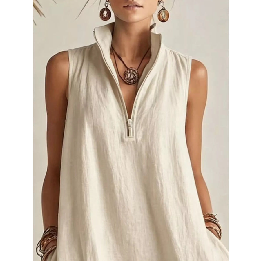 Sleeveless Zipper-Neck Ruffle Hem Mini Dress Beige / S Apparel and Accessories