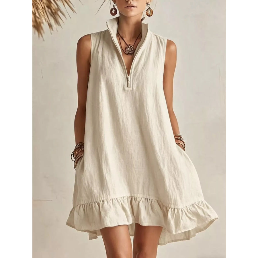 Sleeveless Zipper-Neck Ruffle Hem Mini Dress Beige / S Apparel and Accessories
