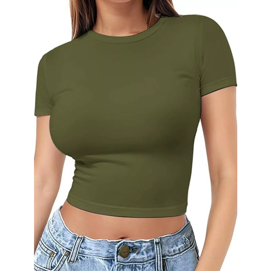 Slim Fit Basic Crew Neck Short Sleeve Crop T-Shirt Army Green / XS Apparel and Accessories