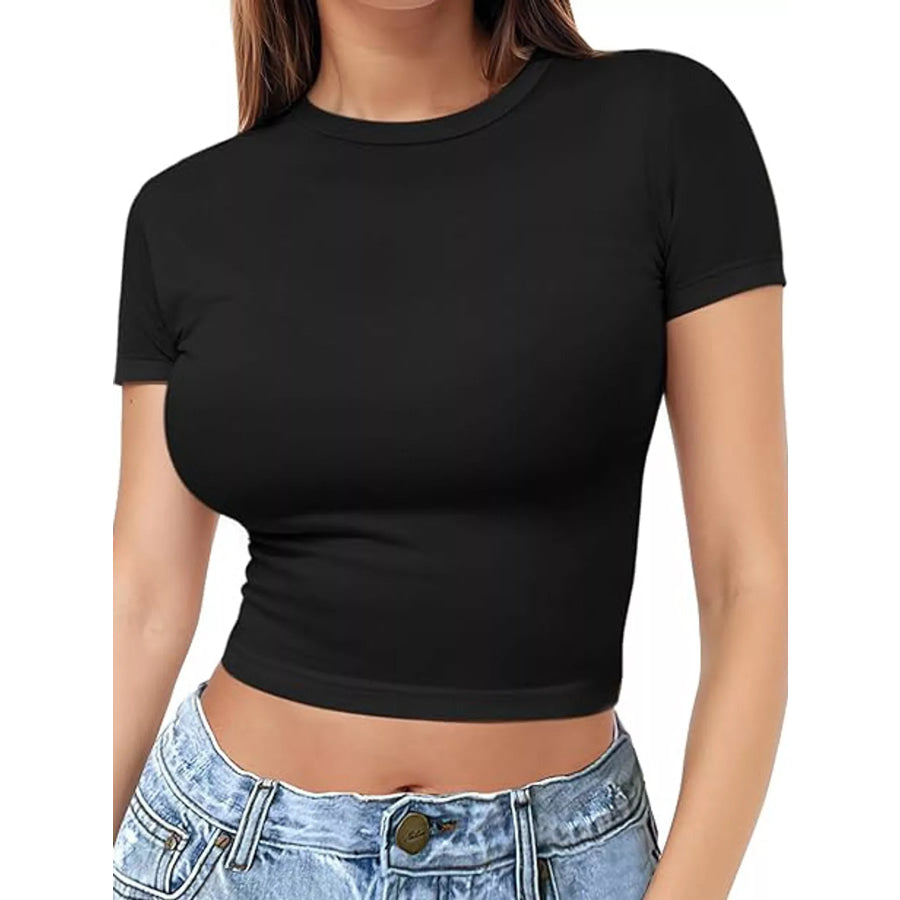 Slim Fit Basic Crew Neck Short Sleeve Crop T-Shirt Black / XS Apparel and Accessories
