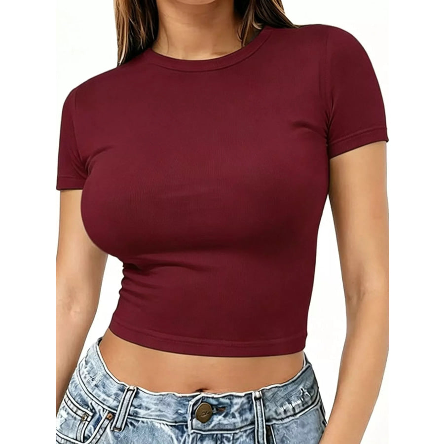 Slim Fit Basic Crew Neck Short Sleeve Crop T-Shirt Burgundy / XS Apparel and Accessories