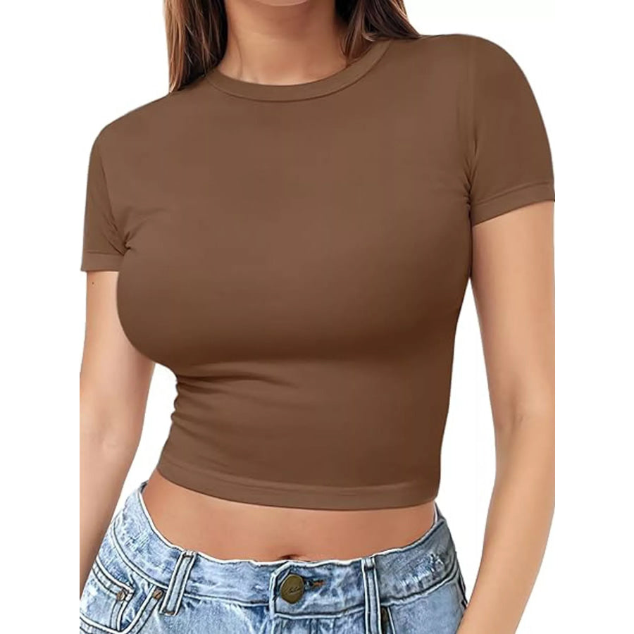 Slim Fit Basic Crew Neck Short Sleeve Crop T-Shirt Coffee / XS Apparel and Accessories
